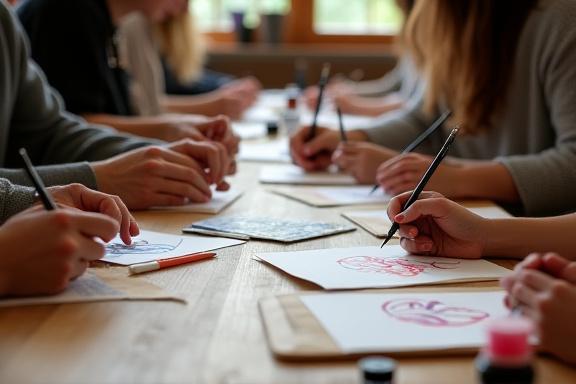 A group of people learning calligraphy at a table